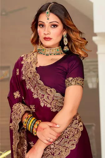 Wine Zari Resham Embroidered Border Satin Party Wear Saree With Blouse Piece
