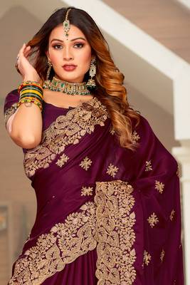Wine Zari Resham Embroidered Border Satin Party Wear Saree With Blouse Piece 3