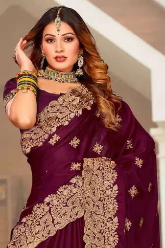 Wine Zari Resham Embroidered Border Satin Party Wear Saree With Blouse Piece