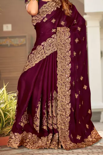 Wine Zari Resham Embroidered Border Satin Party Wear Saree With Blouse Piece