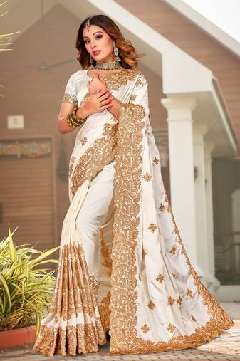 Off-White Zari Resham Embroidered Border Satin Party Wear Saree With Blouse Piece