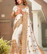 Off-White Zari Resham Embroidered Border Satin Party Wear Saree With Blouse Piece