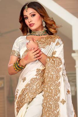 Off-White Zari Resham Embroidered Border Satin Party Wear Saree With Blouse Piece 3