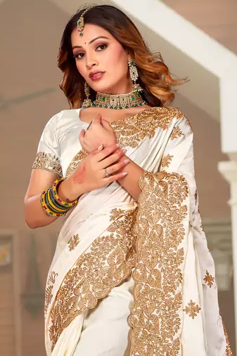 Off-White Zari Resham Embroidered Border Satin Party Wear Saree With Blouse Piece