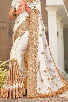 Off-White Zari Resham Embroidered Border Satin Party Wear Saree With Blouse Piece 4