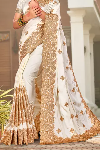 Off-White Zari Resham Embroidered Border Satin Party Wear Saree With Blouse Piece