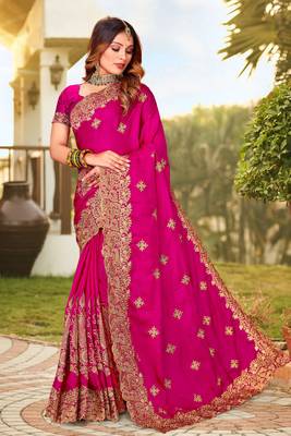 Magenta Zari Resham Embroidered Border Satin Party Wear Saree With Blouse Piece 1