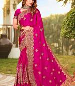 Magenta Zari Resham Embroidered Border Satin Party Wear Saree With Blouse Piece