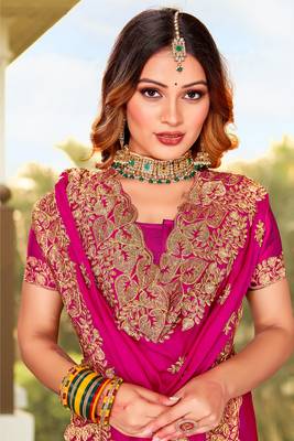 Magenta Zari Resham Embroidered Border Satin Party Wear Saree With Blouse Piece 2