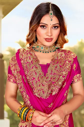 Magenta Zari Resham Embroidered Border Satin Party Wear Saree With Blouse Piece