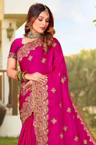 Magenta Zari Resham Embroidered Border Satin Party Wear Saree With Blouse Piece