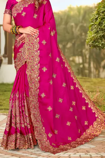 Magenta Zari Resham Embroidered Border Satin Party Wear Saree With Blouse Piece