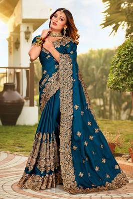 Teal Blue Zari Resham Embroidered Border Satin Party Wear Saree With Blouse Piece 1