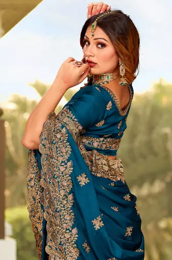 Teal Blue Zari Resham Embroidered Border Satin Party Wear Saree With Blouse Piece