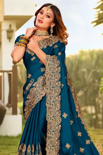 Teal Blue Zari Resham Embroidered Border Satin Party Wear Saree With Blouse Piece