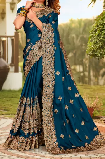 Teal Blue Zari Resham Embroidered Border Satin Party Wear Saree With Blouse Piece