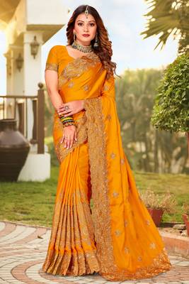Mustard Zari Resham Embroidered Border Satin Party Wear Saree With Blouse Piece 1