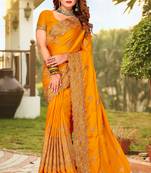 Mustard Zari Resham Embroidered Border Satin Party Wear Saree With Blouse Piece