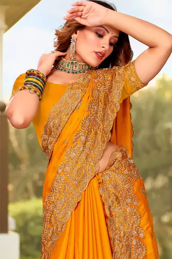 Mustard Zari Resham Embroidered Border Satin Party Wear Saree With Blouse Piece