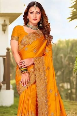 Mustard Zari Resham Embroidered Border Satin Party Wear Saree With Blouse Piece 3