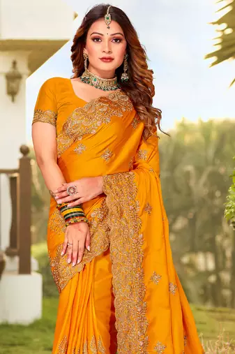 Mustard Zari Resham Embroidered Border Satin Party Wear Saree With Blouse Piece
