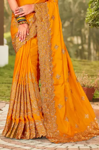 Mustard Zari Resham Embroidered Border Satin Party Wear Saree With Blouse Piece
