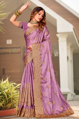 Light Purple Zari Resham Embroidered Border Satin Party Wear Saree With Blouse Piece 1