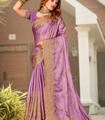 Light Purple Zari Resham Embroidered Border Satin Party Wear Saree With Blouse Piece