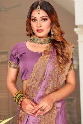Light Purple Zari Resham Embroidered Border Satin Party Wear Saree With Blouse Piece 2