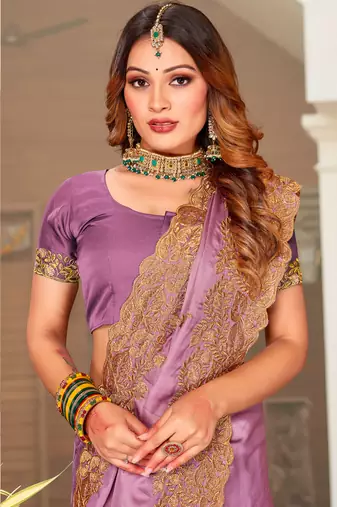 Light Purple Zari Resham Embroidered Border Satin Party Wear Saree With Blouse Piece