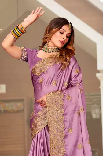 Light Purple Zari Resham Embroidered Border Satin Party Wear Saree With Blouse Piece