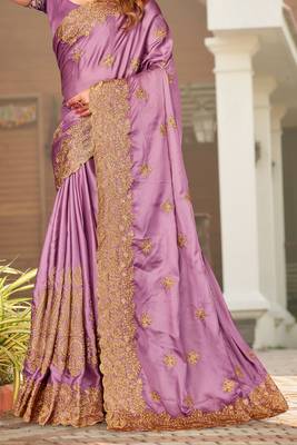 Light Purple Zari Resham Embroidered Border Satin Party Wear Saree With Blouse Piece 4