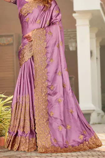 Light Purple Zari Resham Embroidered Border Satin Party Wear Saree With Blouse Piece