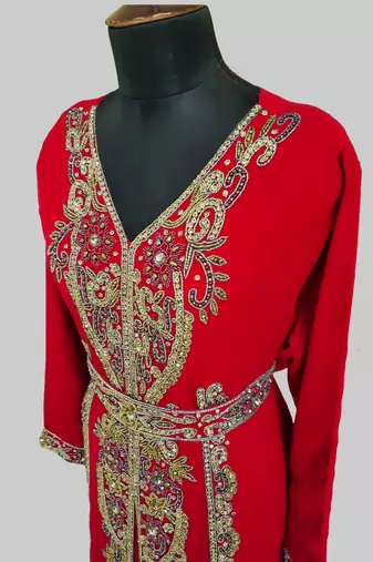 Red color Full Sleeves Handmade Moroccan Kaftan