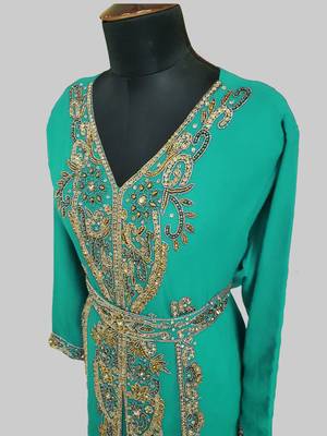 Sea Green color Full Sleeves Handmade Moroccan Kaftan 4
