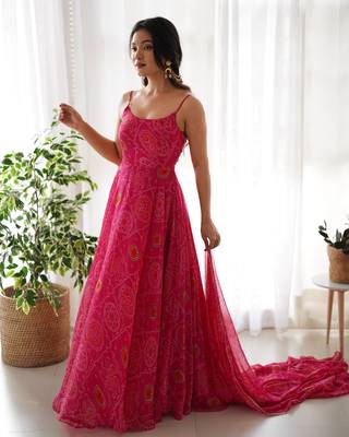 Women's Hot Pink Chiffon Bandhej Anarkali Kurta Set 1