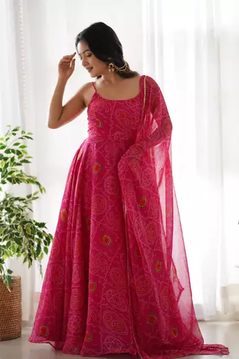 Women's Hot Pink Chiffon Bandhej Anarkali Kurta Set