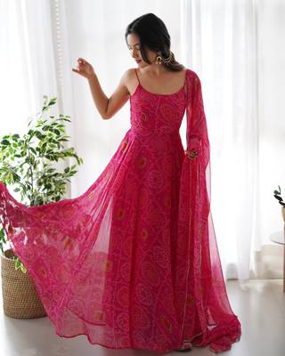 Women's Hot Pink Chiffon Bandhej Anarkali Kurta Set 5