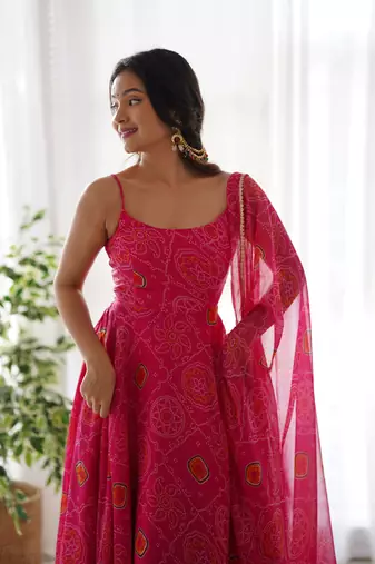 Women's Hot Pink Chiffon Bandhej Anarkali Kurta Set