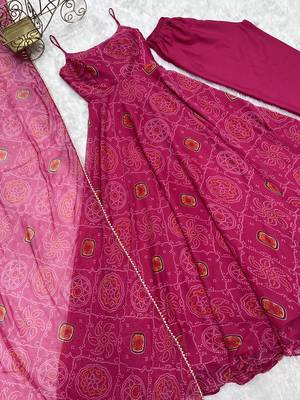Women's Hot Pink Chiffon Bandhej Anarkali Kurta Set 7