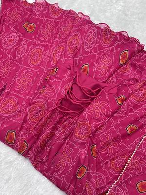 Women's Hot Pink Chiffon Bandhej Anarkali Kurta Set 8