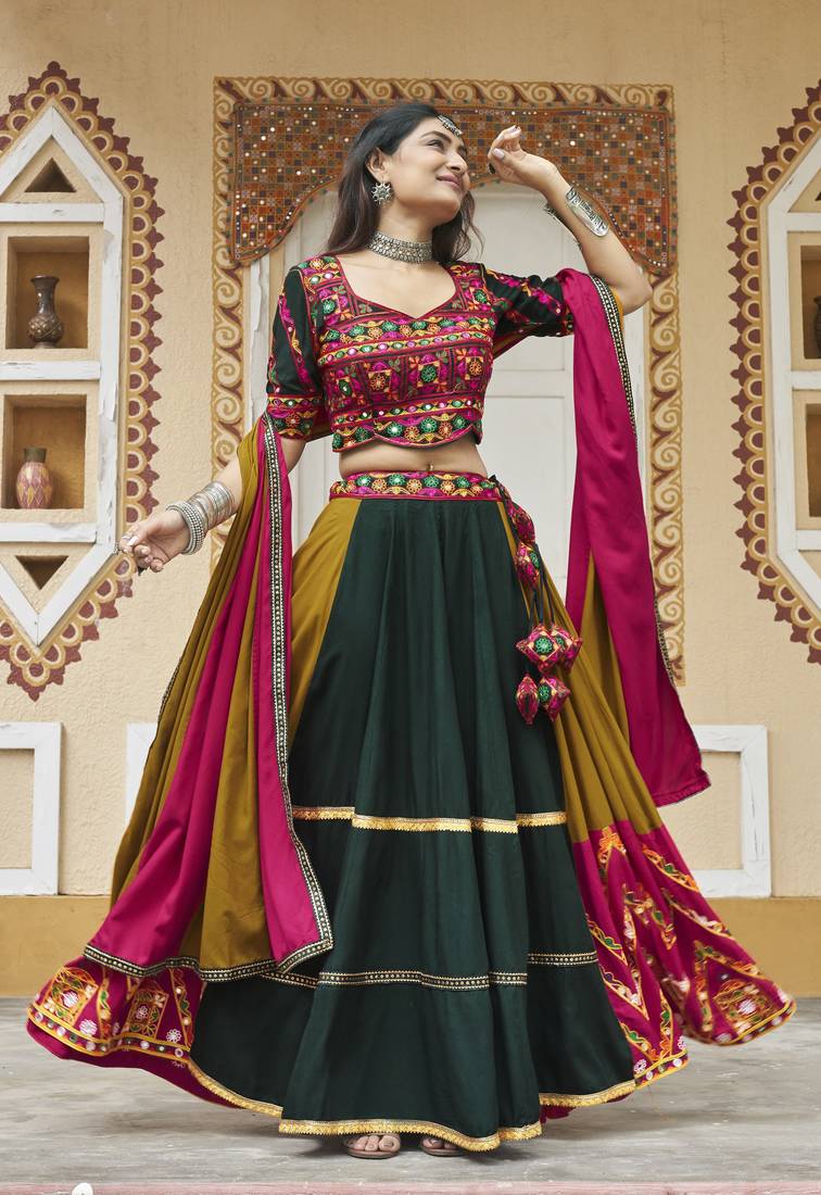 MUSTARD THREAD EMBROIDERED WITH MIRROR WORK VISCOSE RAYON TRADITIONAL NAVRATRI GARBA FESTIVAL STITCHED LEHENGA CHOLI
