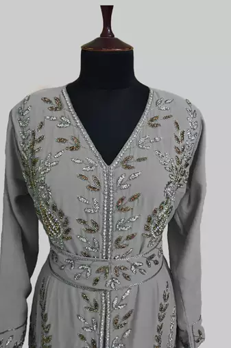 Grey color Full Sleeves Handmade Moroccan Kaftan