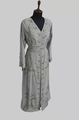 Grey color Full Sleeves Handmade Moroccan Kaftan