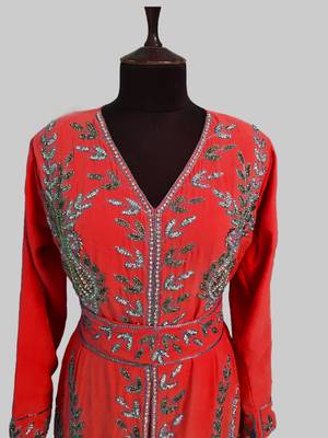 Red color Full Sleeves Handmade Moroccan Kaftan 2