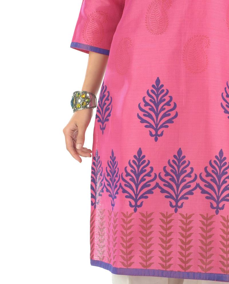 Pink Block Print Chanderi Kurta