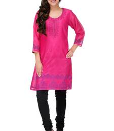 Pink Block Print Cotton Silk Kurta