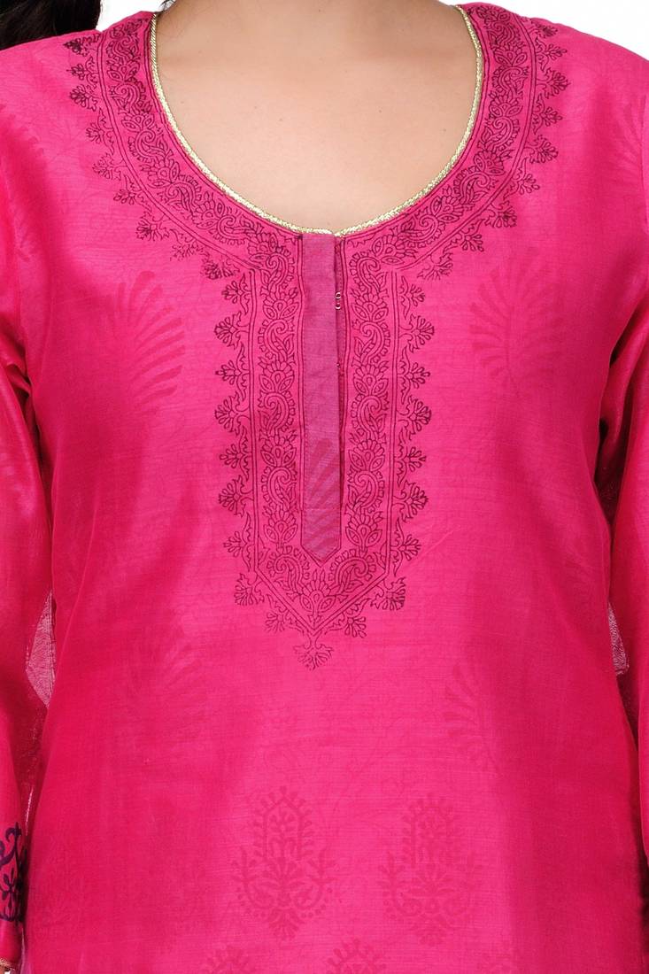 Pink Block Print Cotton Silk Kurta