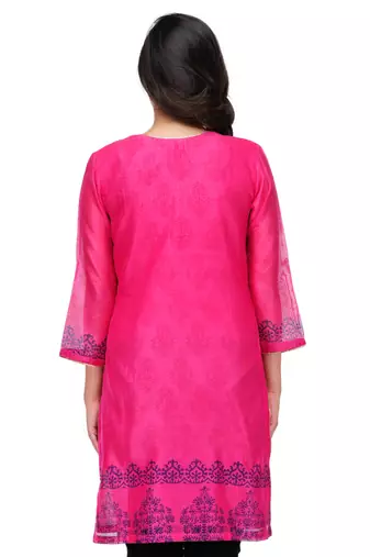 Pink Block Print Cotton Silk Kurta