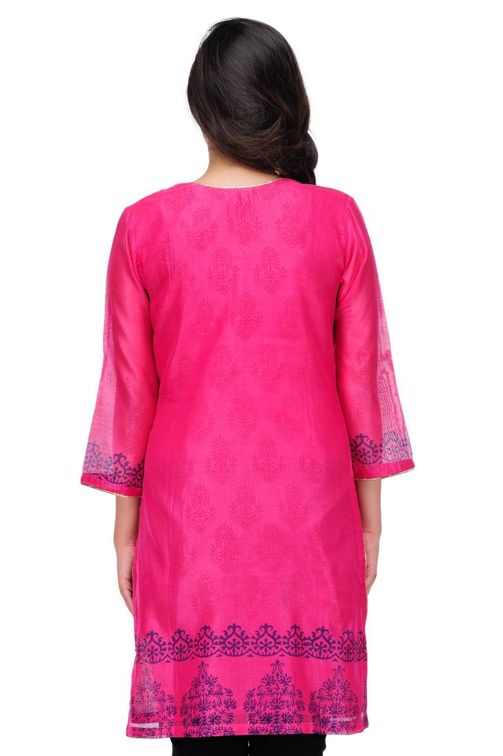 Pink Block Print Cotton Silk Kurta